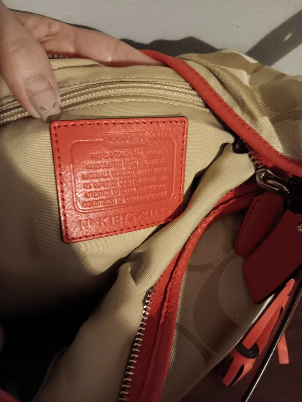Coach Beige Signature Canvas Shoulder Bag with Red Trim